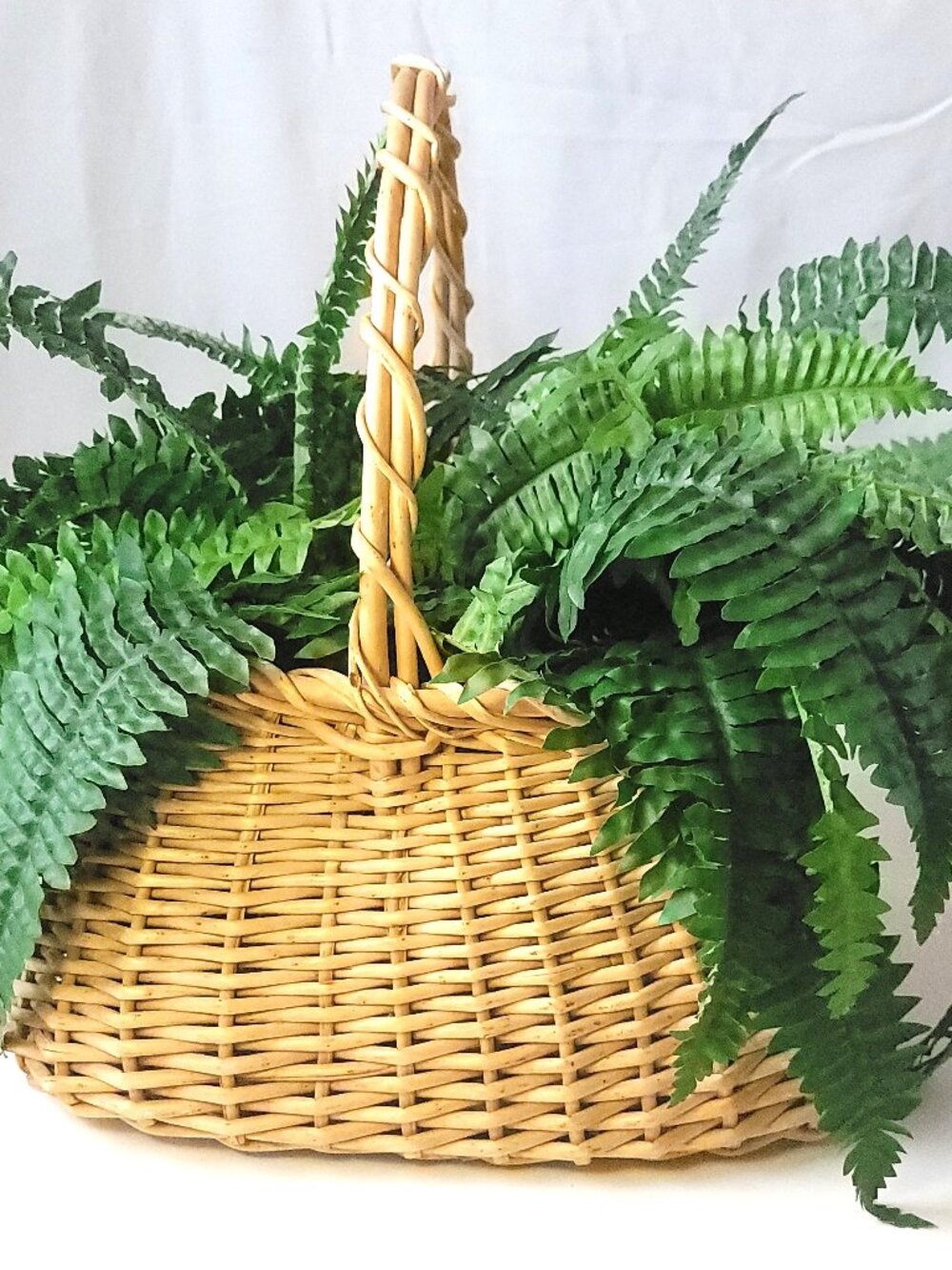 1980s Woven Wicker Basket with Faux Fern Plant Bentwood Handle